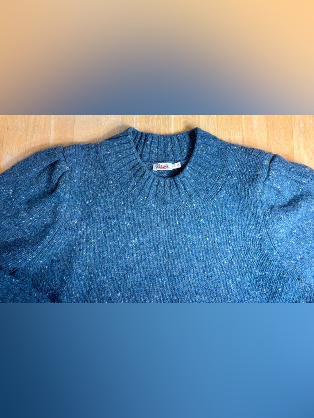 Faherty Sweater Women Large Blue Green Puffed Sleeve Merino Wool Blend Boone - Picture 3 of 7